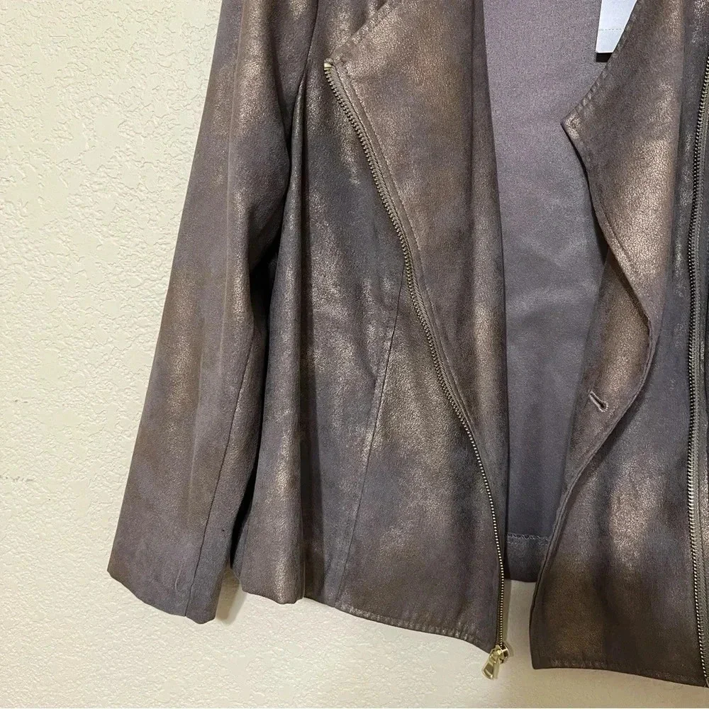 Chico’s Faux Suede Moto Jacket Bronze Metallic Open Front - Picture 4 of 10